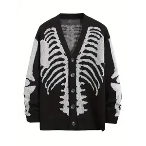 Men's Plus Size Skeleton Print Long Sleeve Cardigan Sweaters V Neck Button Down Outwear Coats