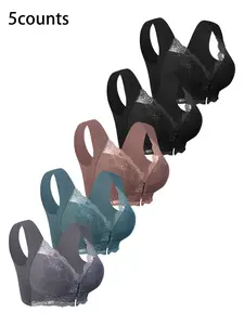 Women's Contrast Lace Hook & Eye Buckle Wireless Bra, Soft Comfortable Breathable Lingerie, Ideal for All Seasons