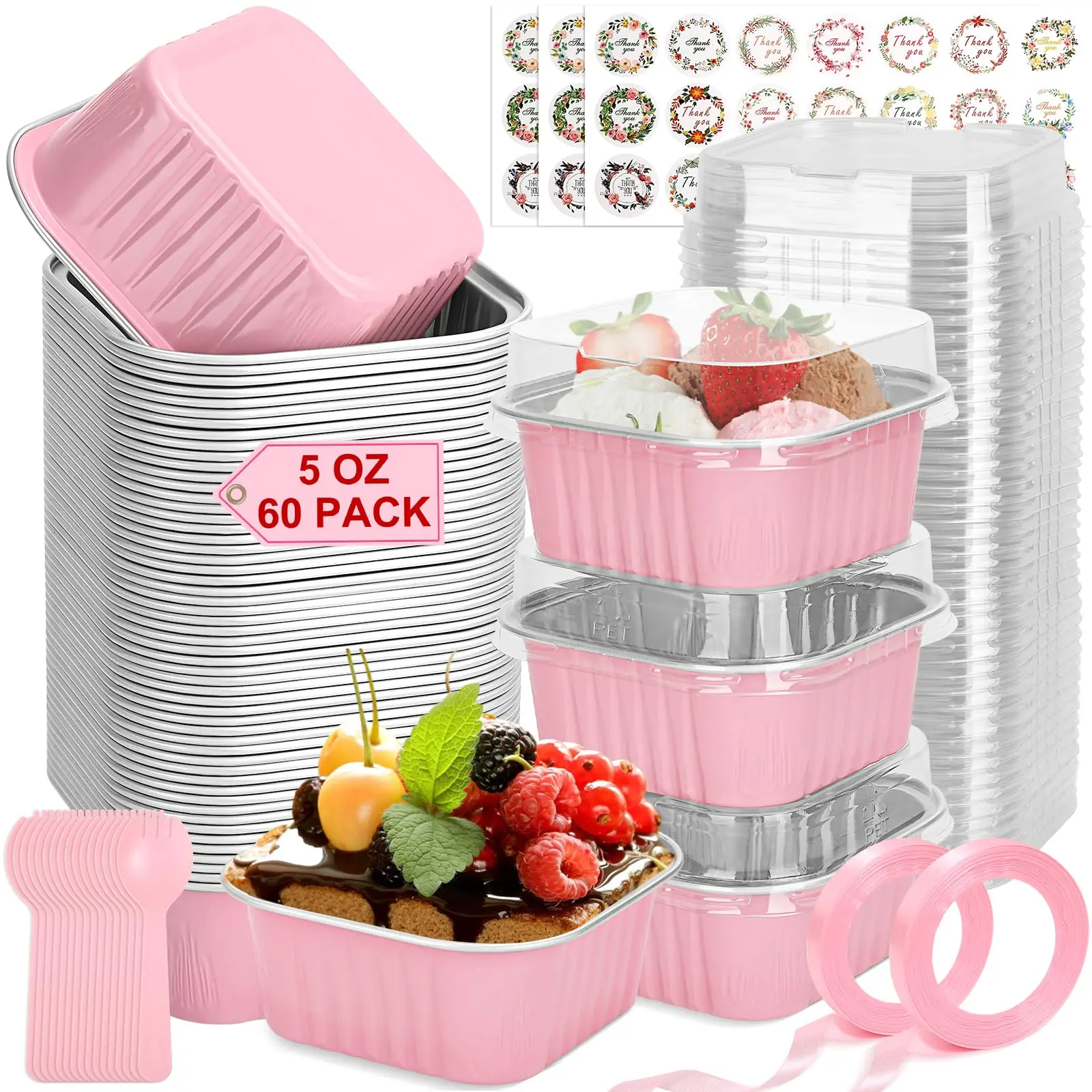 Sturdy 60-Pack 5oz Square Aluminum Foil Mini Cake Pans with Plastic Lids, Spoons, Ribbon Decals & Blush Pink Design, Disposable Bake Utensils for Fruit Desserts, Wedding & Birthday Parties