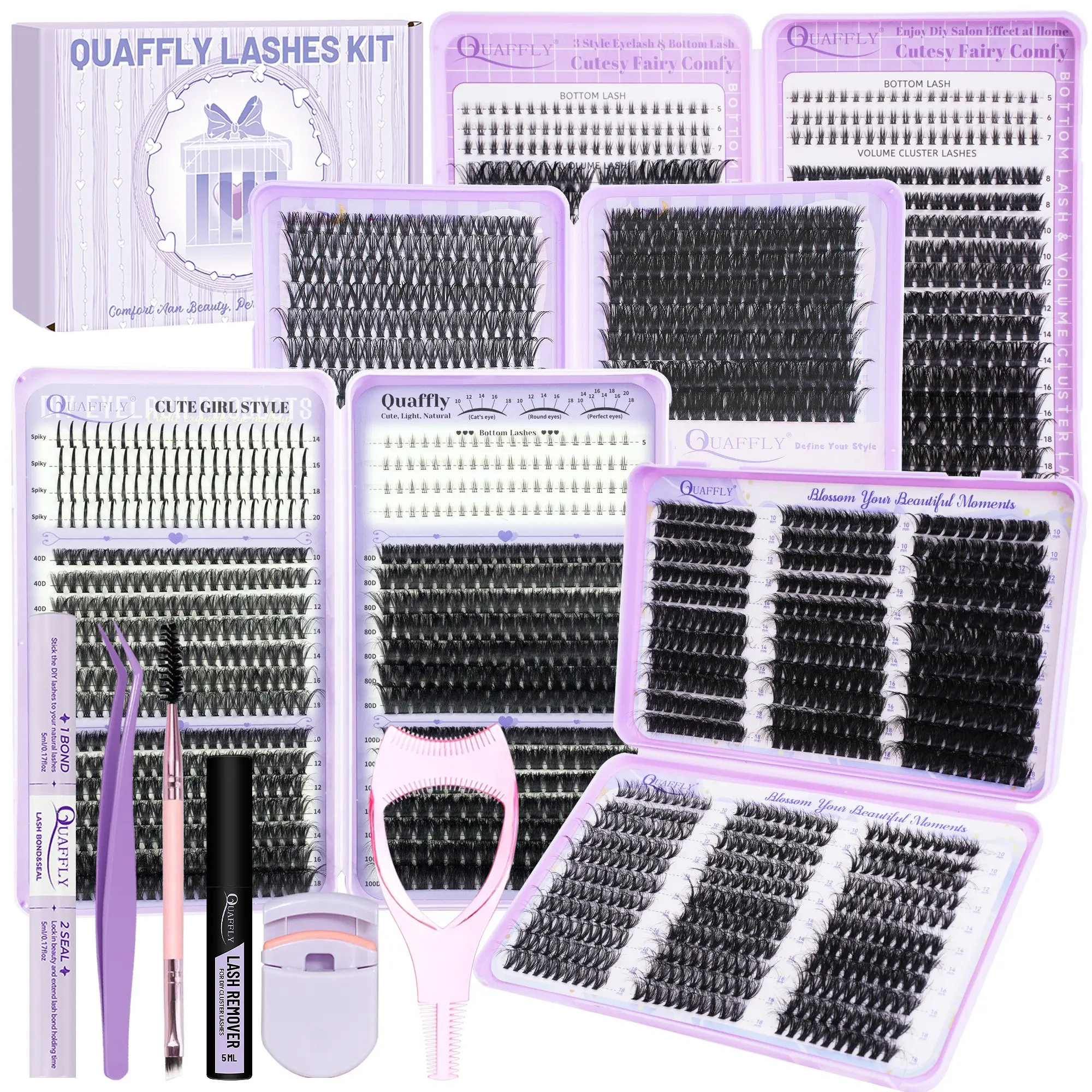 Lashes Clusters Kit Eyelashes Extension Set High Capacity Eclectic Style Volume False Eyelash Extensions D Curl Individual Eyelashes with Lash Bond&Seal Remover Tweezer MascaraShield Lash Curler Brush Eyelash Extension Tweezers Diy Eyelash Kit