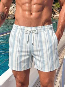 Men's White Casual Swim Shorts with Light Blue Vertical Stripes, Drawstring Waist Summer Beach & Pool Shorts