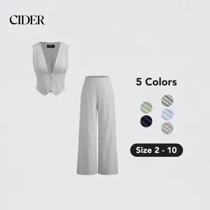 Cider [5 colors, size 2-10] V-neck Striped Belted Vest With Mid Rise Striped Pocket Straight Leg Trousers