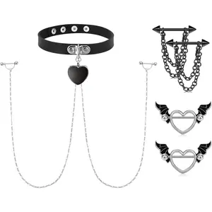 valentines gifts Nipple Ring with Choker Necklaces Stainless Steel Nipple Rings Chain Heart Cat Head Punk Chokers for Women Nipple Barbell Piercing Jewelry