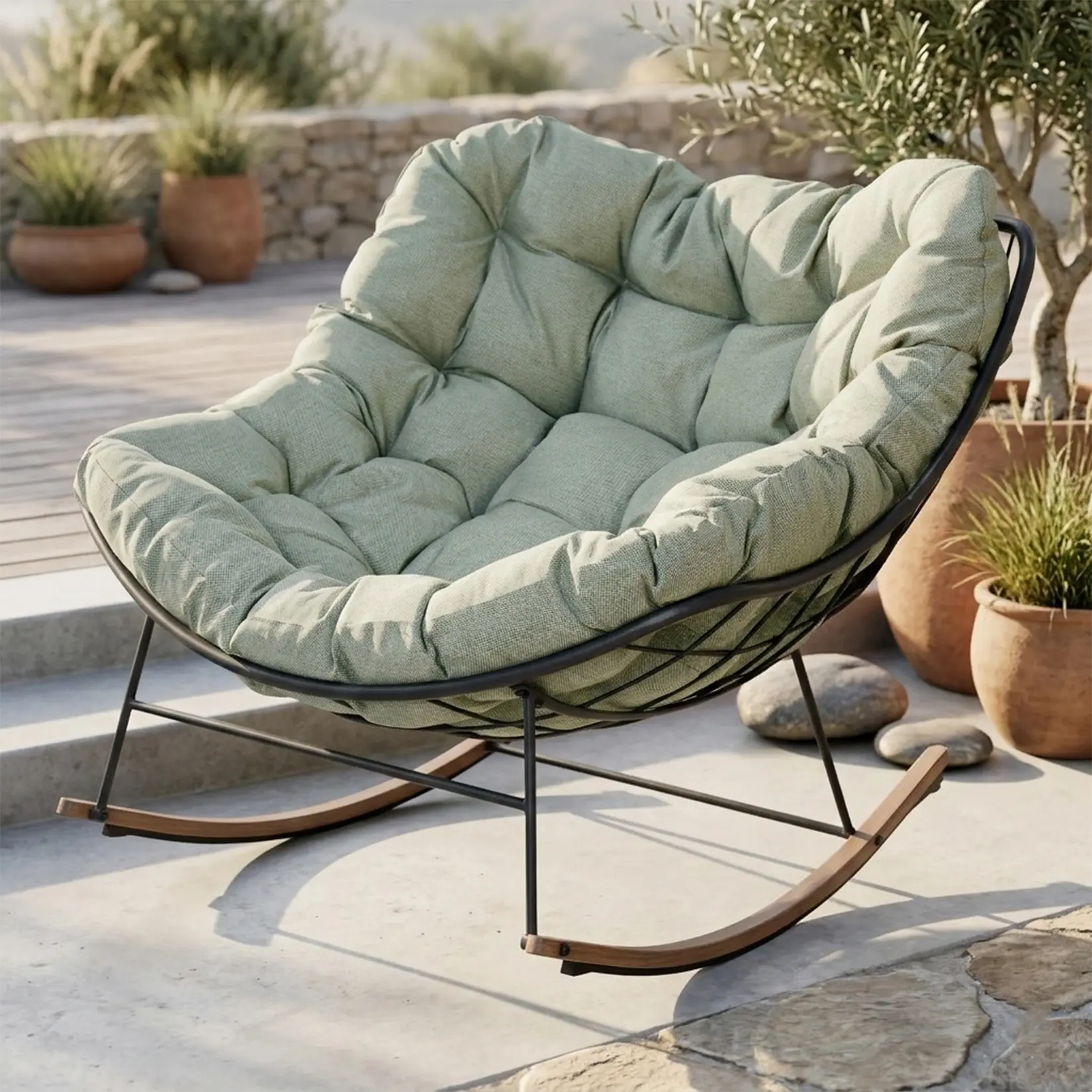 GRAND PATIO Oversized Papasan Outdoor Rocking Chair with Thick Cushions, Cozy Patio Lounge Chair for Porch, Garden & Backyard