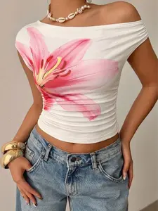 Women's Asymmetrical Shoulder Top, Lily Print, Beach, Sunrise Sunset Style, Fashionable Casual Wear, All Seasons, Blouse