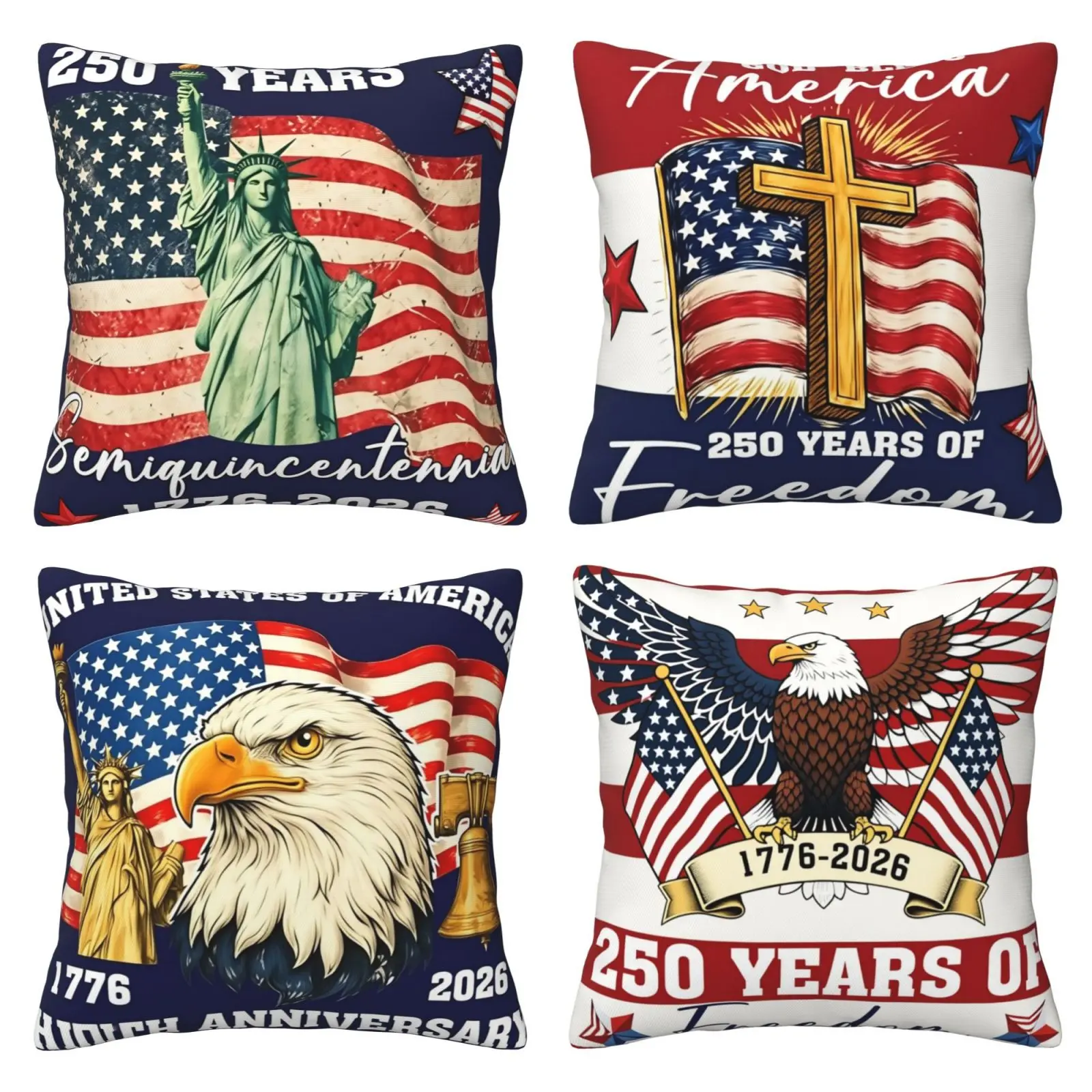 250th Anniversary Independence Day Pillowcase, Rural Patriotic Red, White, Blue Outdoor Pillow Cover, American Flag Cushion Cover, Suitable for Sofa, Bed and Other Home Furnishings, 4-piece Set with Double sided Printing