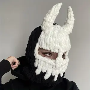 HandsomeHornFashionCoolHeadgearHandmadeKnittedPlushHatAutumnWinterWarmPlusVelvetPartyHalloweenFunnyBlackSkeletonOutdoorBandanaMaskRealisticSunAdjustableLatexHorrorSnapback