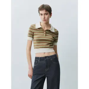 URBAN REVIVO Women's Skinny Fitted Collared Striped Short-Sleeve Cotton Blend Knitted Polo Shirt, 2026 Viral Athletic Chic All-Season Casual Clothes with Versatile Polo Shirt Outfit Potential