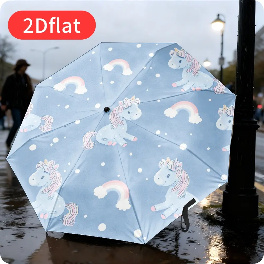 A cute unicorn folding umbrella – featuring 2D flat print with rainbow and white cloud motifs, lightweight and portable, durable canopy made of sturdy plastic and metal, perfect for travel, commuting, casual daily use,