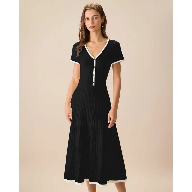 Rihoas Women's Black Contrast Trim Knit Short-Sleeve Midi Dress - Button-Accented A-Line, Soft Polyester-Rayon Blend with Nylon for Daily Rub Resistance, Breathable Minimalist Flattering Fit, Elegant Casual Wear