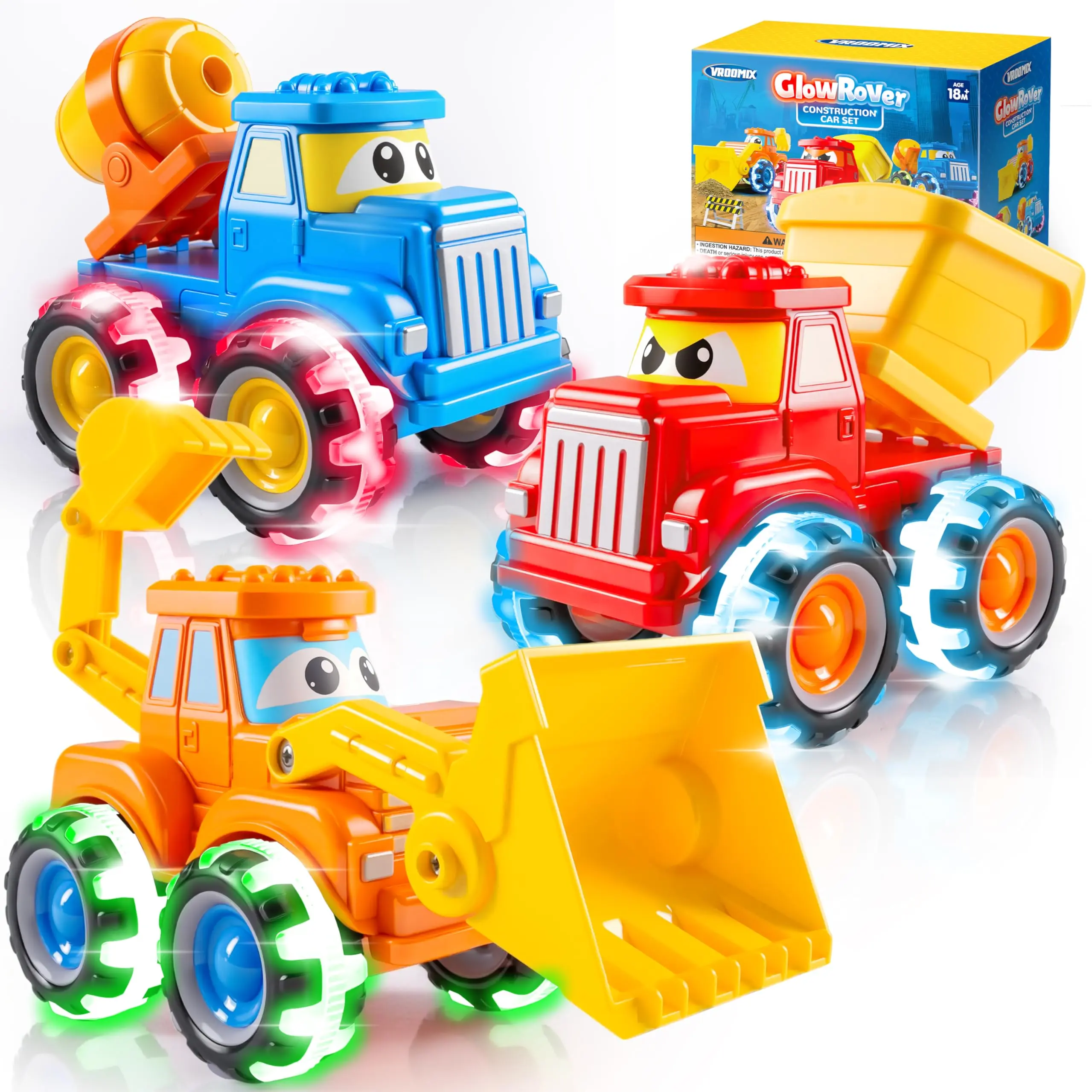2026 GlowRover 3 Pack Monster Truck Toys, Construction Trucks with Flashing LED Light Up Wheels, Push and Go Cars for Boys Girls 3 4 5 6 7 Years Old Birthday Gifts