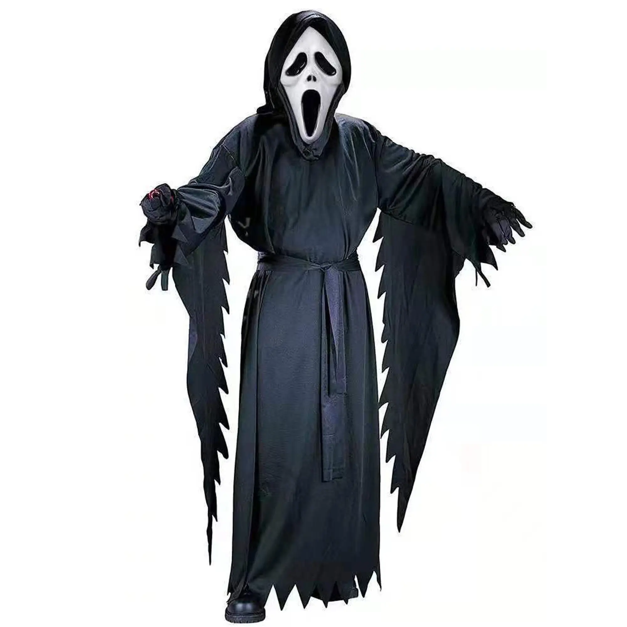 Scream Costume - Black Robe with Mask for Halloween Party Black Hooded Horror Robe Costume, Scary Tattered Ghost Cosplay Outfit for Halloween, Unisex Kids Adults Fancy Dress