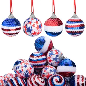 24 Pieces 1.57" Sequin Hanging Ball Ornaments, Red White Blue Patriotic Tree Decorations for Memorial Day, 4th of July Independence Day USA Themed Party Supplies