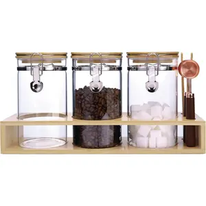 Glass Coffee Storage Containers with Bamboo Shelf,Ground Coffee Holder Jars,Airtight Glass Countertop Storage Jar Canisters with Spoon for Coffee,Loose Tea,40 Fluid-oz,Pack of 3