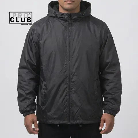 Pro Club Men's Fleece-Lined Windbreaker Rain Jacket - Water-Repellent, Fixed Adjustable Hood, Elastic Cuffs, Elastic Hem, Zip Closure, Warm Core, Runs Small