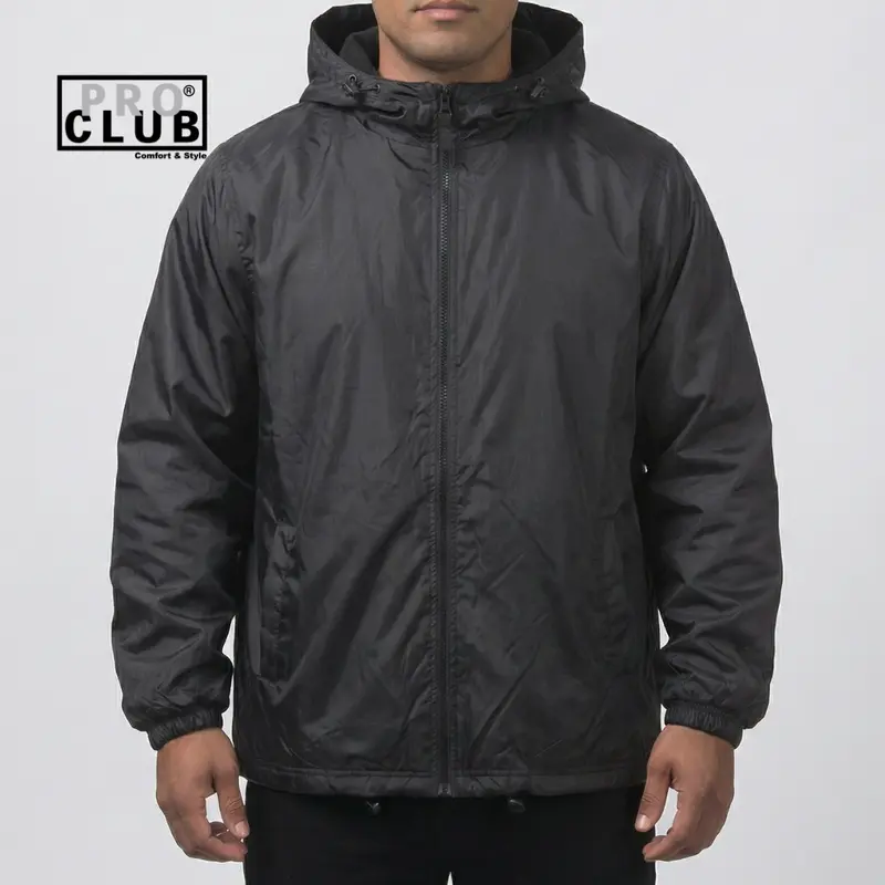 Pro Club Men's Fleece-Lined Windbreaker Rain Jacket - Water-Repellent, Fixed Adjustable Hood, Elastic Cuffs, Elastic Hem, Zip Closure, Warm Core, Runs Small