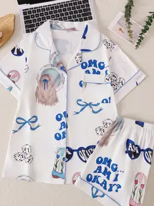 Two-Piece Soft Breathable Cartoon Print Pajamas, Summer Wear Short Sleeve Set, Casual Homewear for Girls, Comfortable and Stylish, Summer Pjs