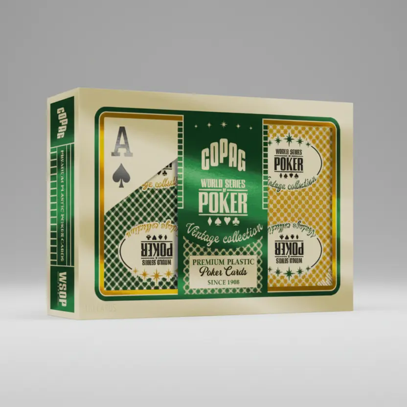 Copag WSOP Vintage Collection 100% Plastic Poker Card Design Card Games Set - 2-Deck (110 Total), 2.5x3.5 in, Jumbo Index, Green/Gold, Washable, Item 968-1, Good for Texas Hold’s & Omaha, Gifts for 12+ Years