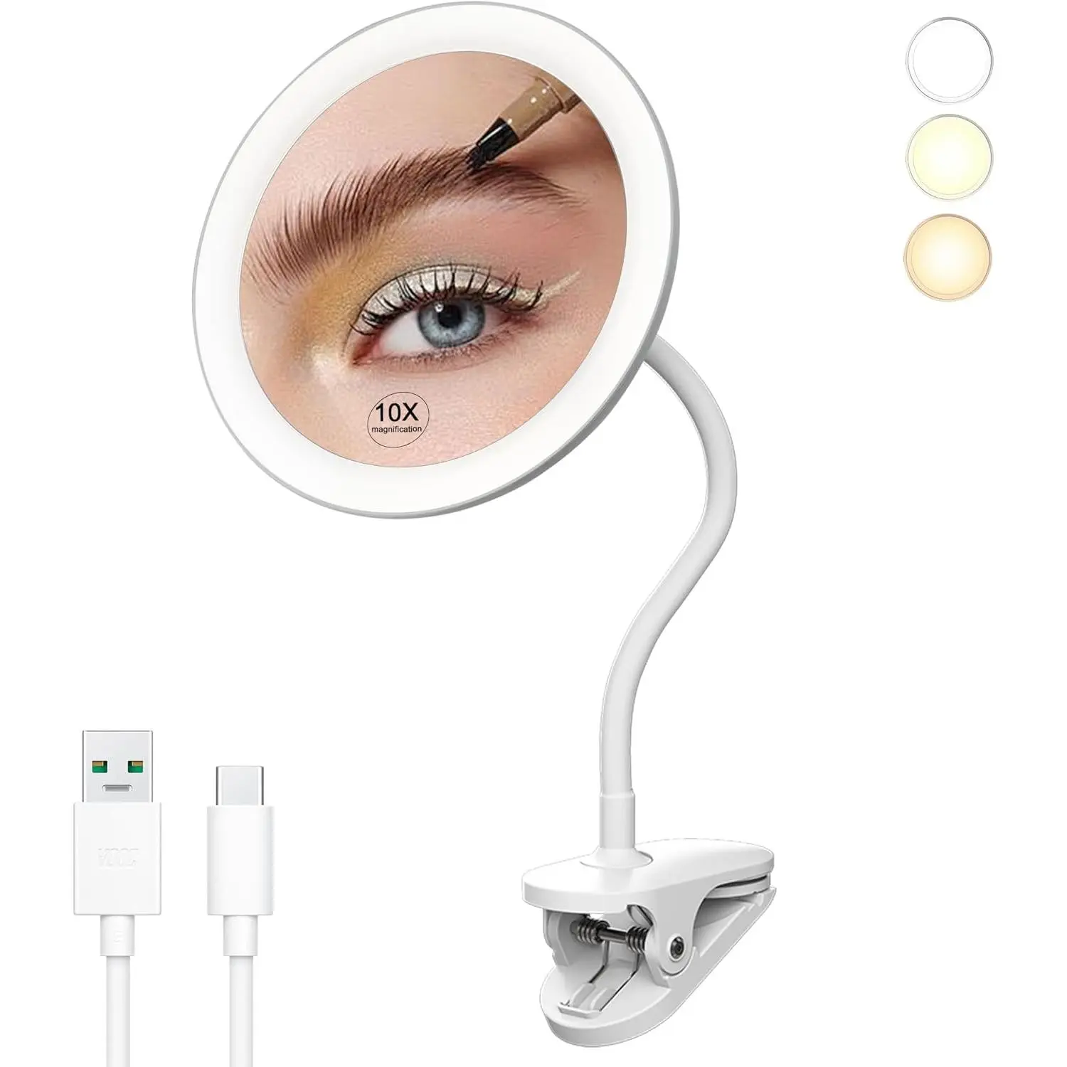 65mm Clip-On Lightweight Adjustable Glass Vanity Makeup Mirror - 5x Magnifying, Gooseneck, USB Rechargeable, Switch-Controlled, Mount-Compatible, Lighted White, Portable Travel Mirror