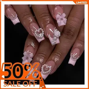 24Pcs French Tip Press on Nails with Charms Designs Medium Long Fake Nails French Heart Nails Press on Cute Rose Flower Stick on Nails Square Shape Acrylic Nails Pearl Nails for Women Daily Wear