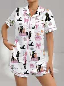 Women's Elphaba Glinda Princess Bow All-Over Printed Fitted Short Sleeve Shorts Sleepwear Set, Comfortable Casual Home Wear Pajama Set