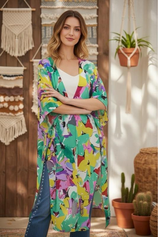 Boho Kimono Festival Hippie Duster Umgee Boutique - Colorful Floral Print Long Kimono for Women M/L