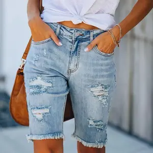 Denim shorts Women Jeans Shorts Mid Waist Ripped Hem Tessles Stretchy Jean Shorts With Pockets Jean Shorts For Women