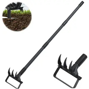 Action Stirrup Hoe Garden Tool Weed Puller with Adjustable Long Handle, Heavy Duty Hoe and 4 Tines Rake 2 in 1 Gardening Tools Garden Cultivator for Weeding Soil Loosening, Black