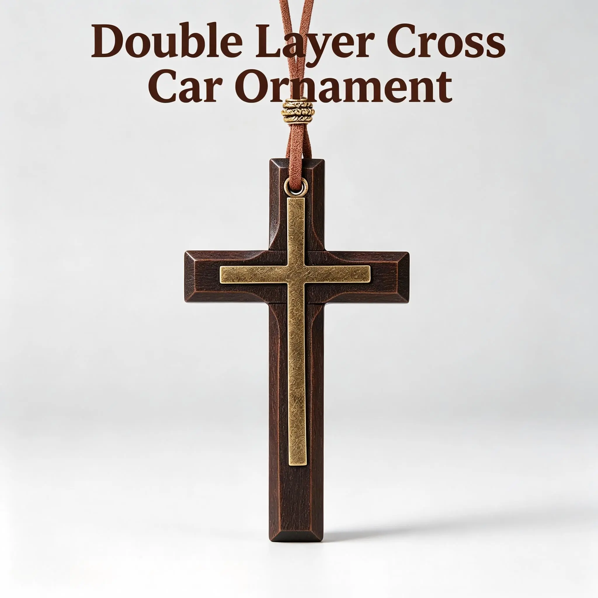 Vintage Wooden-Alloy Double-Layer Cross Car Ornament, Aesthetic Christian Automotive Decoration, Stylish Car Interior Accessory, Unique Birthday Gift for Boyfriends
