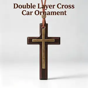 Brown Retro Handmade Double Layer Alloy Wood Cross Car Mirror Charm, Rearview Mirror Decor,lover gifts,fashion car interior accessory,car styling,boyfriend gift,elegant car accessory,creative gift