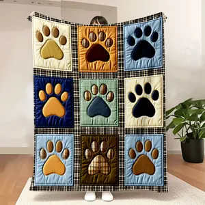 Paw Print Grid Checkered Background Blanket - Tan/Orange/Dark Blue Paw Prints on Cream/Orange/Light Blue/Light Green Backgrounds, Stitched Quilted Plaid Pads Detail, Soft Cosy Throw for Pet Lovers
