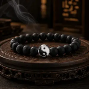 Wudang Inspired Black Yin Yang Bead Bracelet, Matte Onyx Style Spiritual Protection Bracelet for Balance, Focus, Calm Energy, Inner Strength, Luck, Harmony, Meditation, Mindfulness, Daily Wear Stretch Jewelry Gift for Men Women, Couples Gift