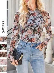 2026 Women's Floral Printed Round Neck Mesh T-Shirt, Contrast Thumb Hole Long Sleeve High Top, Fashion Versatile Casual Slim Fitted Double Layer Blouse Womenswear, All Year Style, Seasonless, Comfy, Soft Touch
