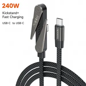 Toocki 240W Braided Fast Charging, USB-C to USB-C Invisible Stand Charging Cable, Black 4.9 FT with 90° Adjustable Metal Stand 2-in-1 Charging Stand for Gaming, Office, Home, and Other Scenarios.