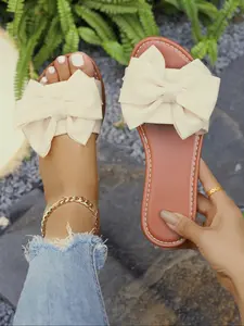 Women's Bowknot Design Slide Sandals, Bow Slip Sandals, Boho Style Flat Sandals for Beach Vacation, Casual Versatile Shoes for Women & Girls, Summer