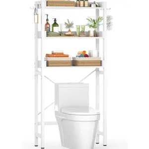 Over-The-Toilet Storage Rack, 3-Tier Bathroom Organizer Shelf Over Toilet, Freestanding Space Saver Toilet Stands with 4 Hooks, White