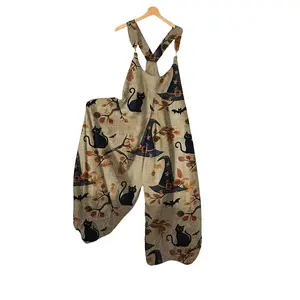 Women’s Punk-Style Cat Jumpsuit, Halloween Design, All-Over Print, Snap-On Closure, Casual Round Neck, Sleeveless, Polyester, Fitted, Mixed-Color Fabric, 2025 Women’s Wear