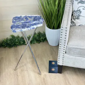 Natural Sodalite Side Table on Chrome Metal Base, 24.6" Tall #1341SO-001