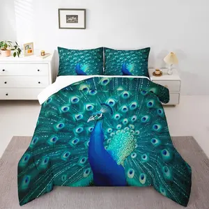 Peacock Bedding Set,Teal Cute Animal Pattern Comforter Set,Peacock Feather Printed Decor Duvet Filler Adult Women Soft Down Comforter