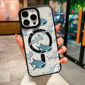 Shark Pattern Magsafe Phone Case Compatible with iPhone 17 Pro Max Air 16 16e 15 14 Plus 13 12 11 X XS Magnetic Hard Acrylic Back Soft TPU Edge Shock-resistant Cover Valentine's Day Gift 2D printing