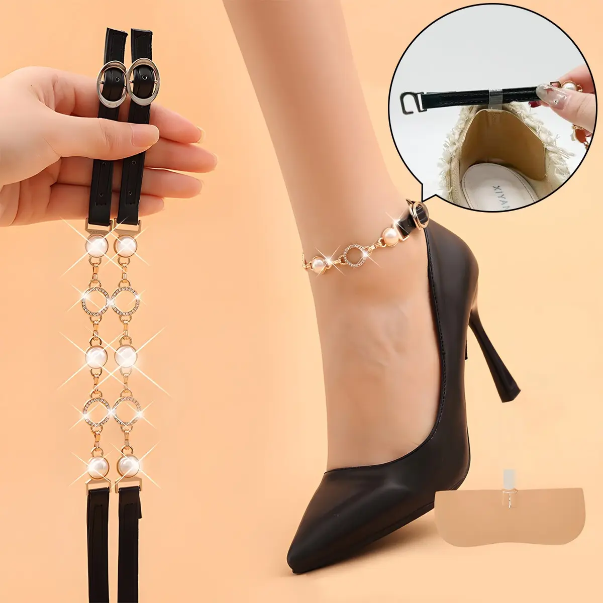 1Pair Women's High Heel Pearl Foot Chain, Adjustable Transparent Invisible Shoe Laces, Anti-Slip Strap Buckle, One-Strap Chain Shoe Clip, Shoelaces, Shoe Accessories, Shoe Chains