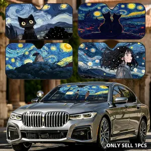 Oil Painting Beautiful Starry Sky Sun Visor Reusable Aluminum Foil UV Protector Heat Five-Layer Insulation Windshield Sunshades Keeps Car Cool Protects Dashboard Foldable Fits Most Vehicles SUV Truck