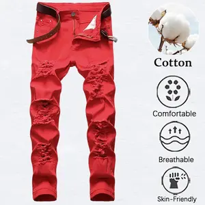 Men's Red Distressed Ripped Jeans – Comfort Cotton Breathable Skin-Friendly Slim Fit Denim Pants for Streetwear