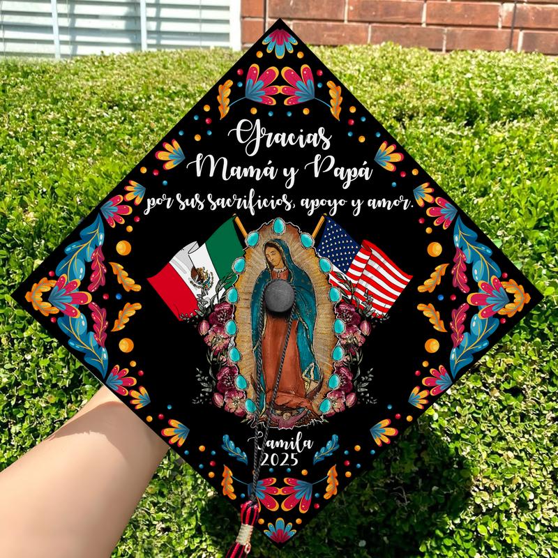 Personalized Gracias Mamá y Papá Guadalupe Printed Grad Cap Topper, Mexican Grad Cap Topper, Latin Graduation Decoration, Class of 2025