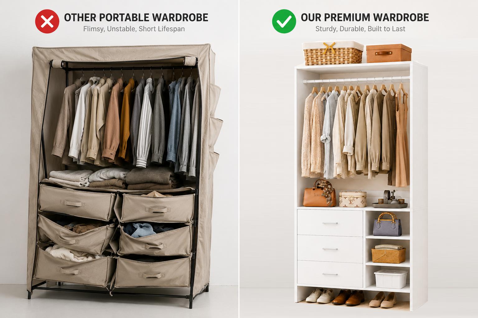 Wood Closet Organization Wardrobe with 3 Drawers - Heavy Duty Dresser Alternative, Aesthetic Renter Friendly Closet System Freestanding Closet Organizer