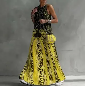 Women's Summer Sleeveless Maxi Dress - Yellow Polka Dot Flower Print, Casual Loose Long Sundress for Beach Vacation, Yayoi Kusama Inspired Aesthetic, Comfortable Flowy Summer Outfit #MaxiDress #SummerFashion #PolkaDotDress #AestheticOutfit #BeachWear