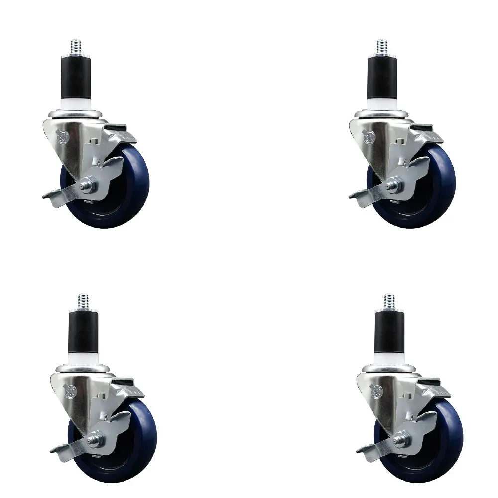 Service Caster SCC-EX20S3514-SPUS-TLB-112-4 Solid Polyurethane Swivel Expanding Stem Caster with Lockable 3.5 in. Blue Wheels, 1.5 in. Stems, and Knobs - Set of 4