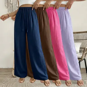 Women’s 4-Pack Wide-Leg Pants – Loose Casual Home Pants, Elastic Drawstring Waist, Long Pants with Pockets, Lightweight and Breathable — Ideal for Summer Beach Vacations and Everyday Wear