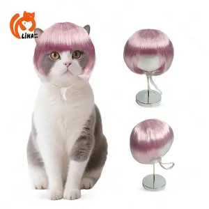 Cute Pink Bob Wig with Bangs for Cats Pet Costume Wig for Holiday Party Cosplay for Most Pets