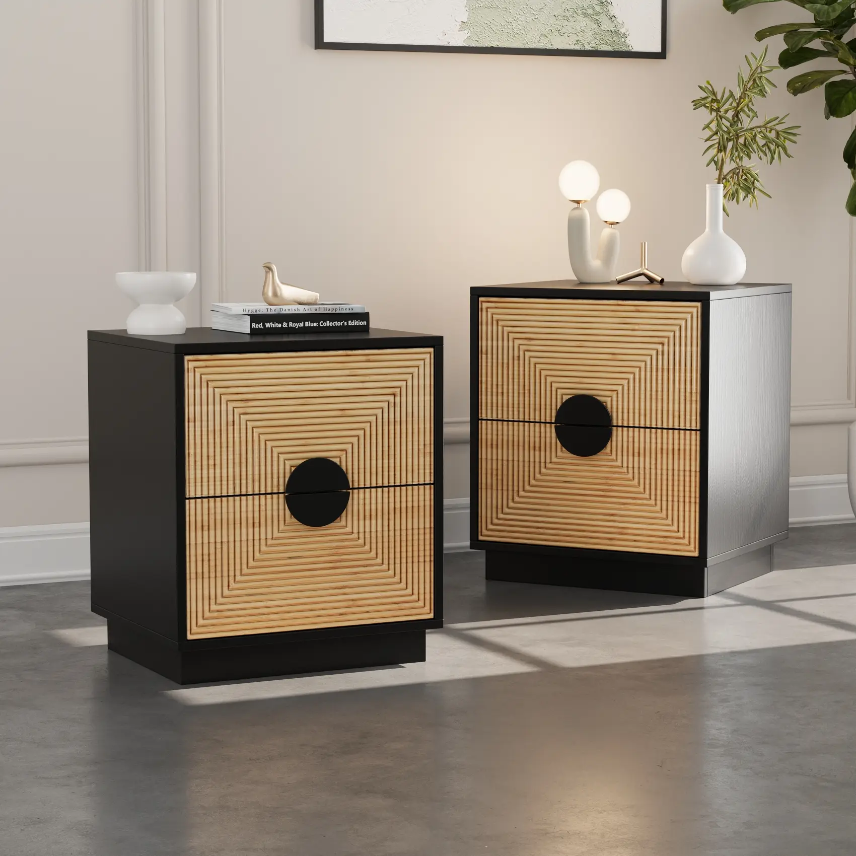 VOWNER 2 PCS Bamboo 2 Drawer Nightstand, Modern Design Night Stand Beside Table Storage Dresser for Bedroom, Living Room